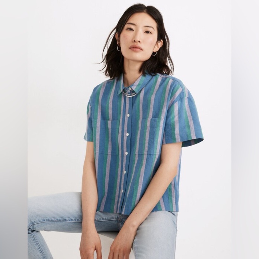 Madewell Linen Cotton Beachside Short Sleeve Button Down Camp Shirt Medium Blue